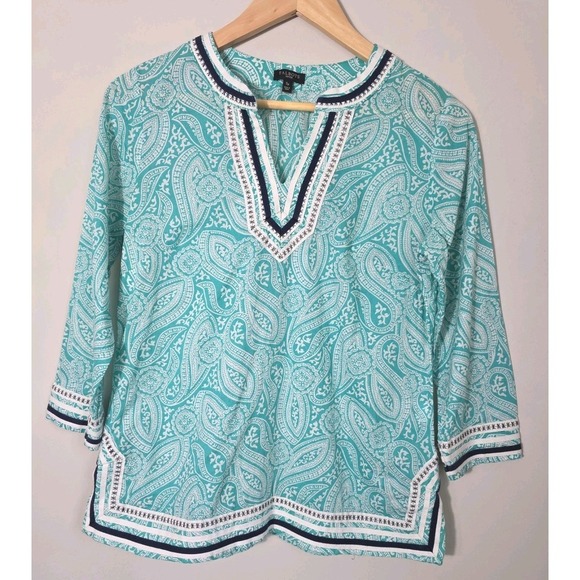 Talbots Tops - Talbots Women's Paisley Blouse Size S Green Cotton Tunic 3/4 Sleeve Top